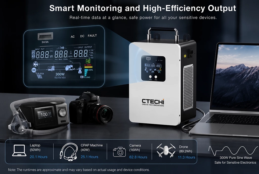 CTECHI GT-F300D 300W 1004.8Wh Portable Power Station | LiFePO4 Emergency Backup Battery