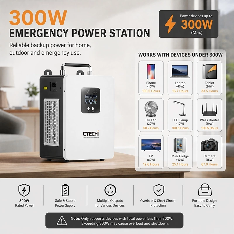 CTECHI GT-F300D 300W 1004.8Wh Portable Power Station | LiFePO4 Emergency Backup Battery